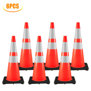 VEVOR 6Pack Traffic Cones, Safety Road Parking Cone With Black Weighted Base, PVC Orange Traffic Safety Cones, Hazard Cones Reflective Collars For Construction Traffic Parking