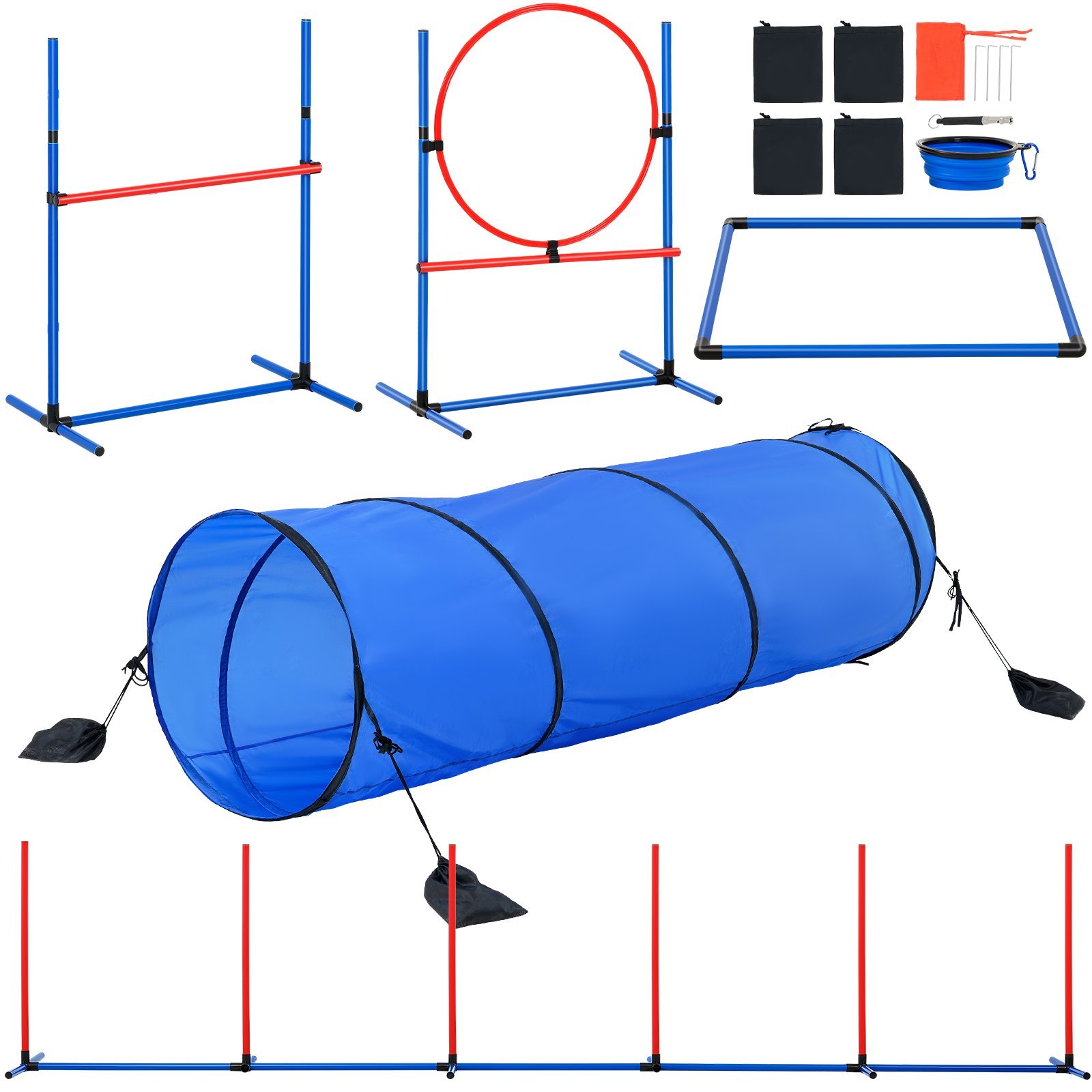 Dog Agility Training Equipment, 5 PCS Set With Adjustable High Hurdles,6 Weave Poles, Tunnel, JumpRing, Pause Box, Whistle, Foldable Bowl, Puppy Obstacle Course Kit With Storage Bags