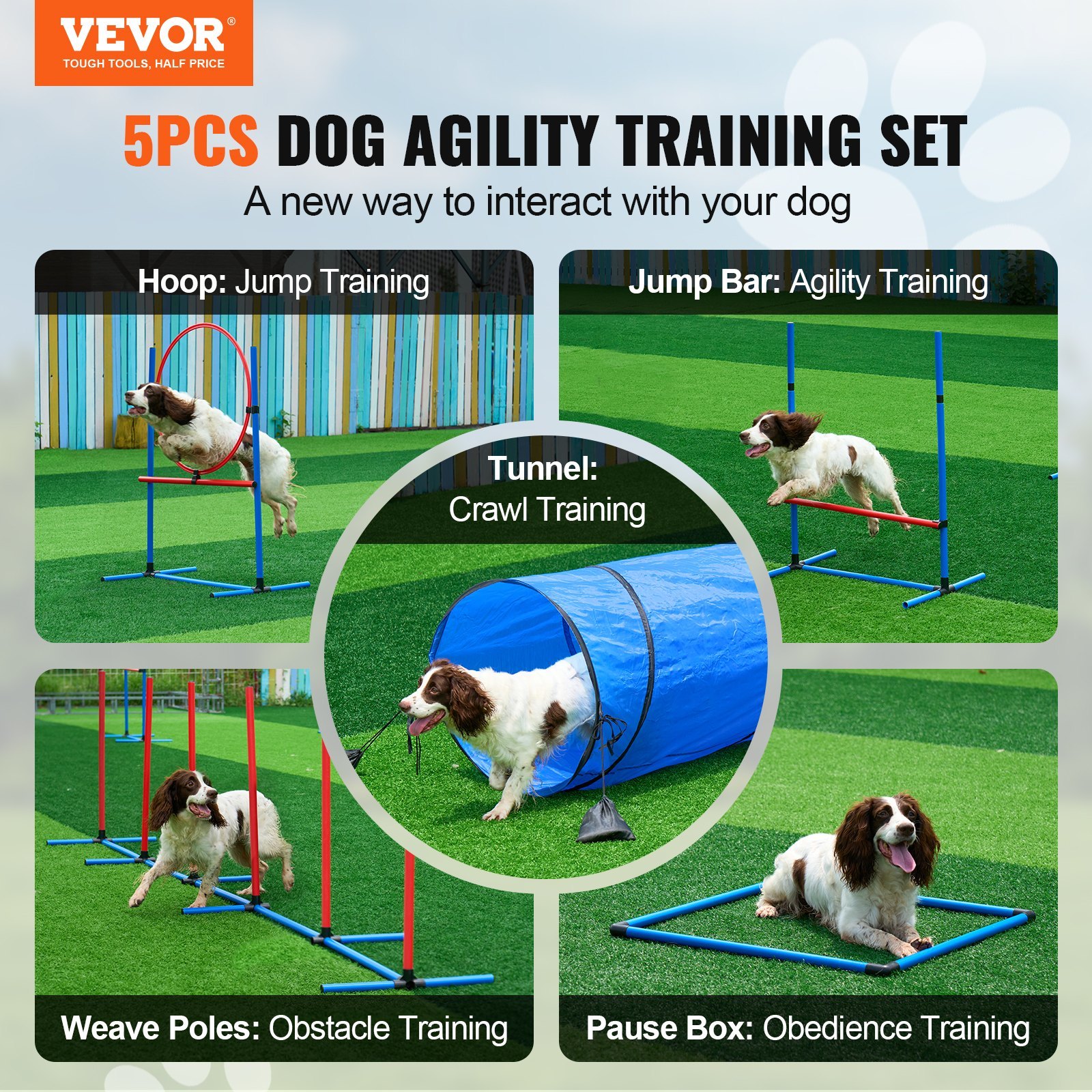 Dog Agility Training Equipment, 5 PCS Set With Adjustable High Hurdles,6 Weave Poles, Tunnel, JumpRing, Pause Box, Whistle, Foldable Bowl, Puppy Obstacle Course Kit With Storage Bags - Image 5