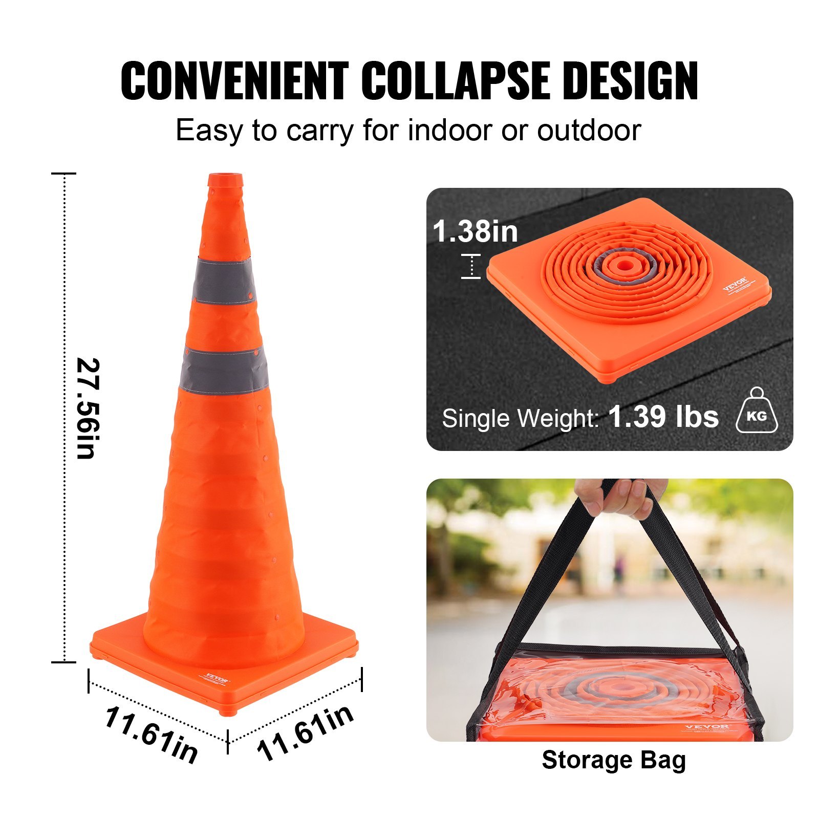 VEVOR Safety Cones, 4 Pack 28 Inch Collapsible Traffic Cones, Construction Cones With Reflective Collars, Wide Base And A Storage Bag, For Traffic Control, Driving Training, Parking Lots - Image 2
