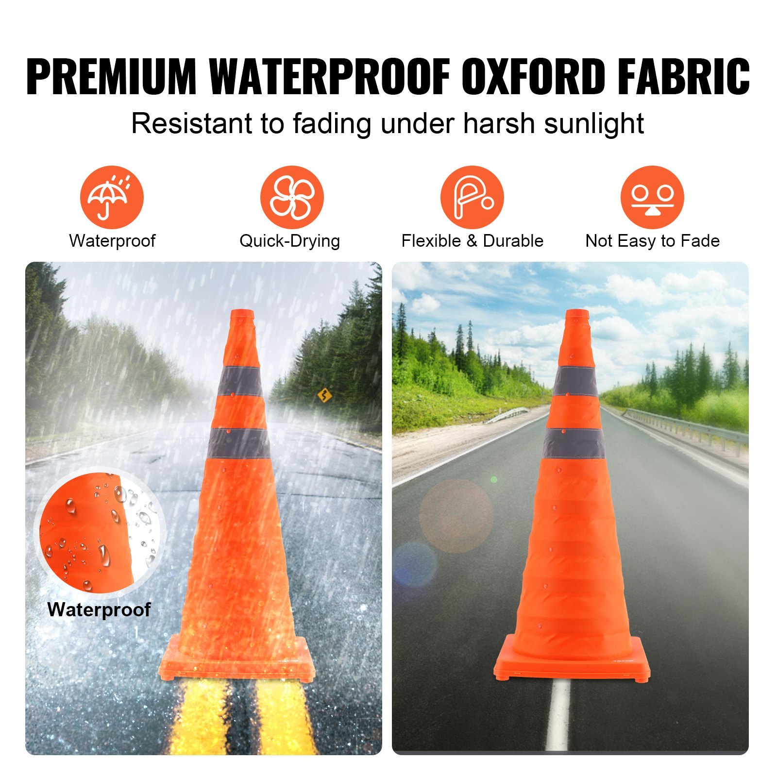 VEVOR Safety Cones, 4 Pack 28 Inch Collapsible Traffic Cones, Construction Cones With Reflective Collars, Wide Base And A Storage Bag, For Traffic Control, Driving Training, Parking Lots - Image 5
