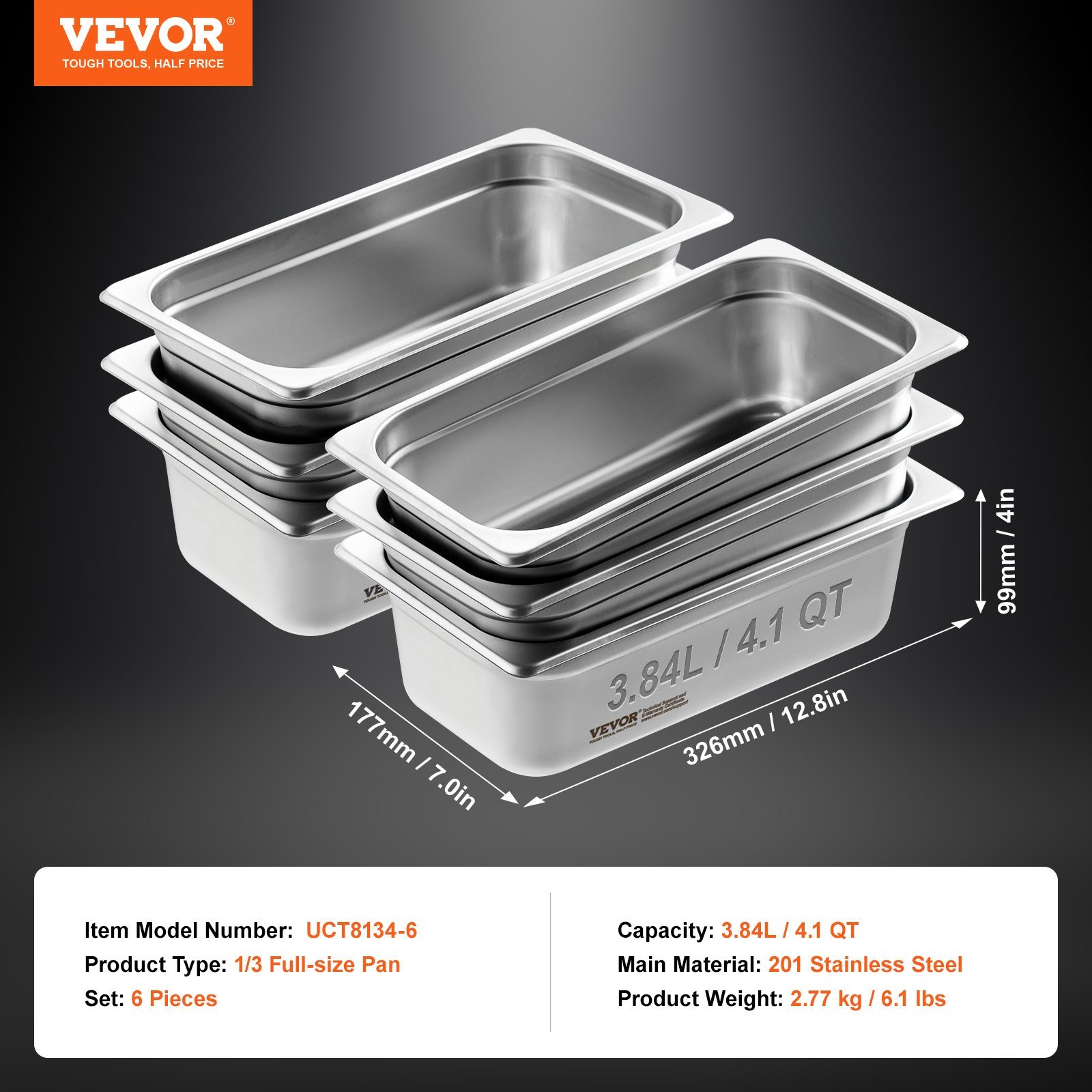 VEVOR 6 Pack Hotel Pans, Anti-Jam Steam Pan, 0.8mm Thick Stainless Steel Restaurant Steam Table Pan, 4Inch Deep Commercial Table Pan, Catering Storage Food Pan, For Industrial & Scientific - Image 8