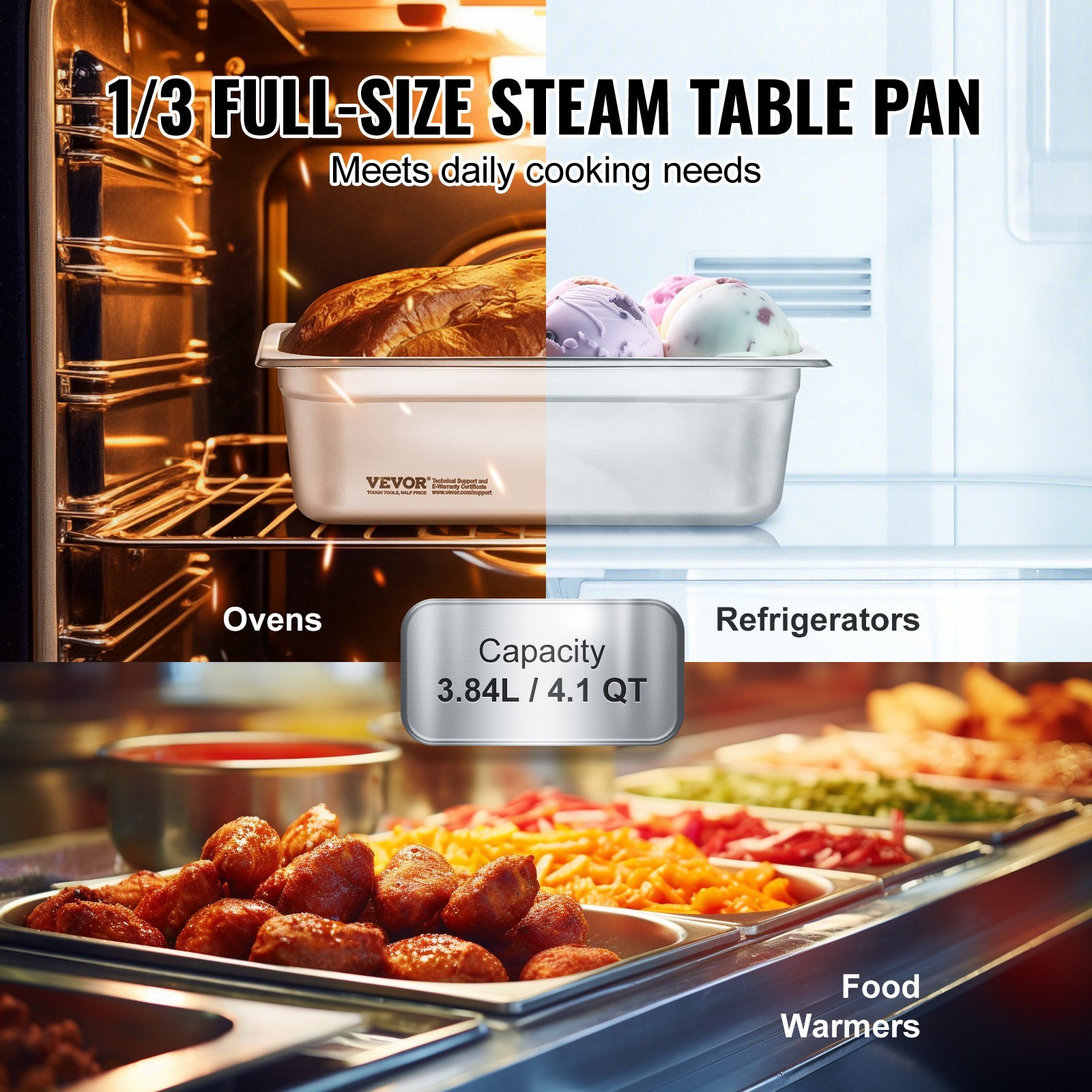 VEVOR 6 Pack Hotel Pans, Anti-Jam Steam Pan, 0.8mm Thick Stainless Steel Restaurant Steam Table Pan, 4Inch Deep Commercial Table Pan, Catering Storage Food Pan, For Industrial & Scientific - Image 3